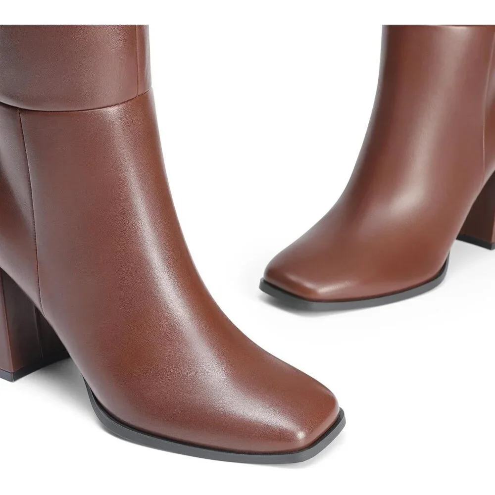 Women's Brown Faux Leather Thigh High Block Chunky Heeled Knee High Long Boots